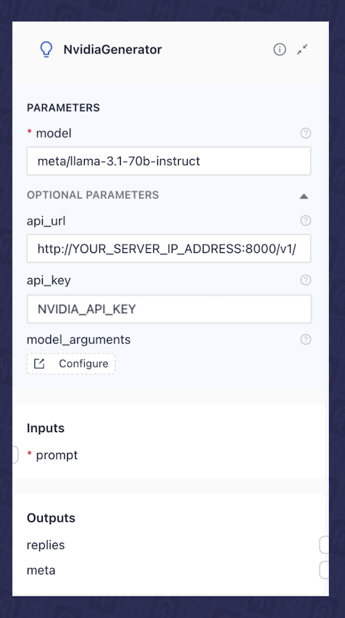 Fig. 8 - NvidiaGenerator configuration for self-hosted NIM in the deepset Studio.